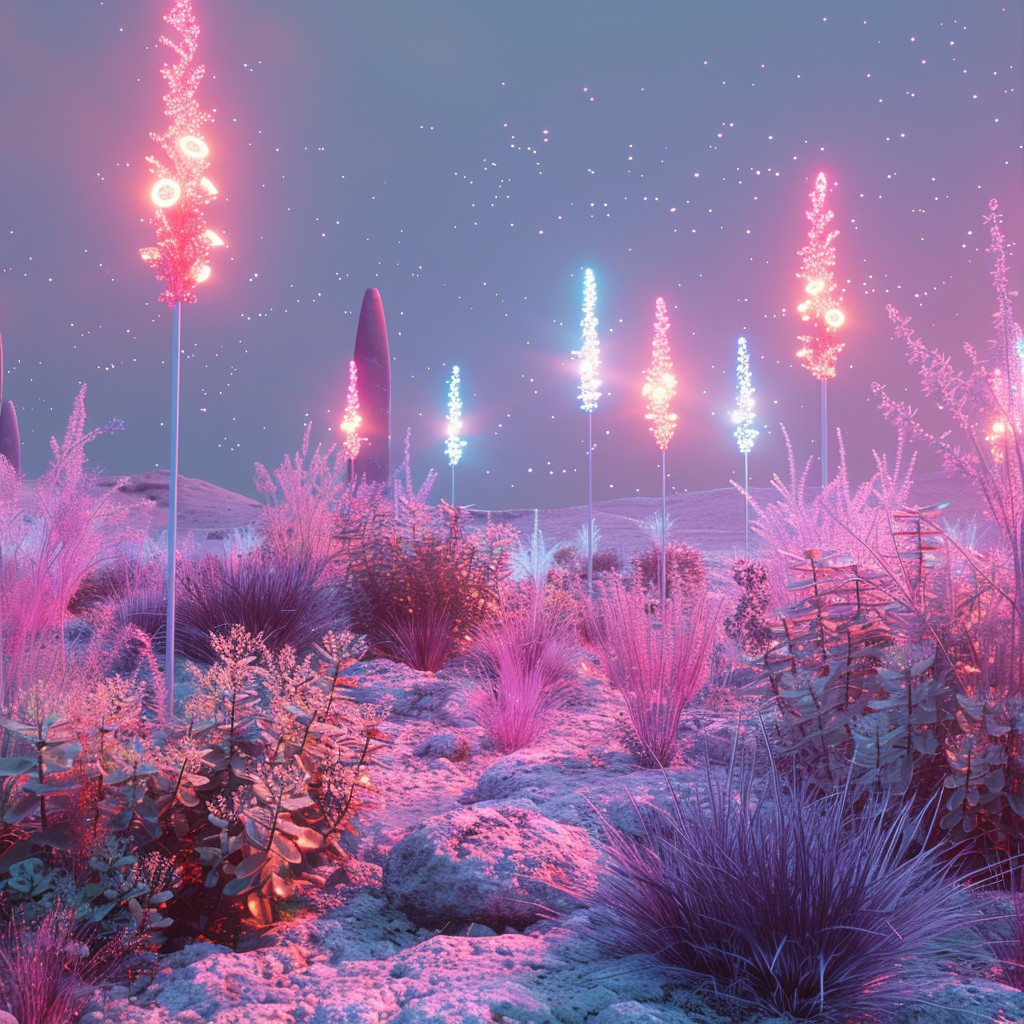 Vibrant psychedelic cacti garden display