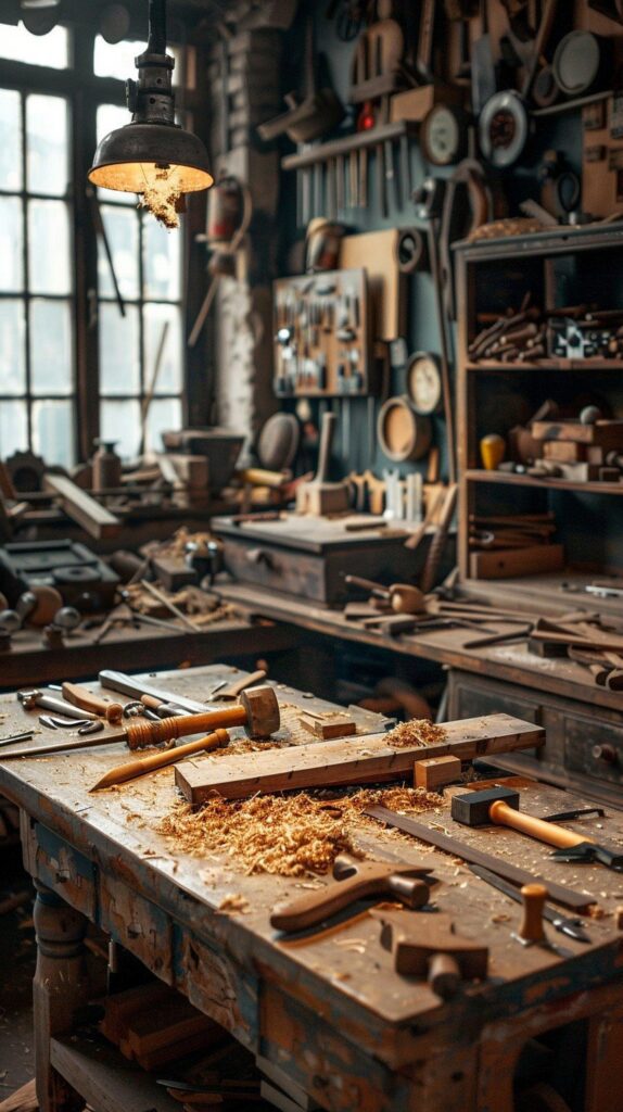 Professional carpenters tools workbench setup
