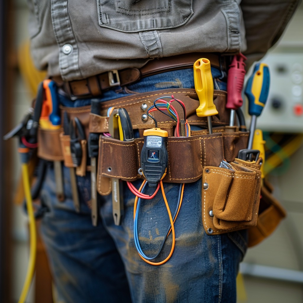 Professional carpenter tool belt workspace