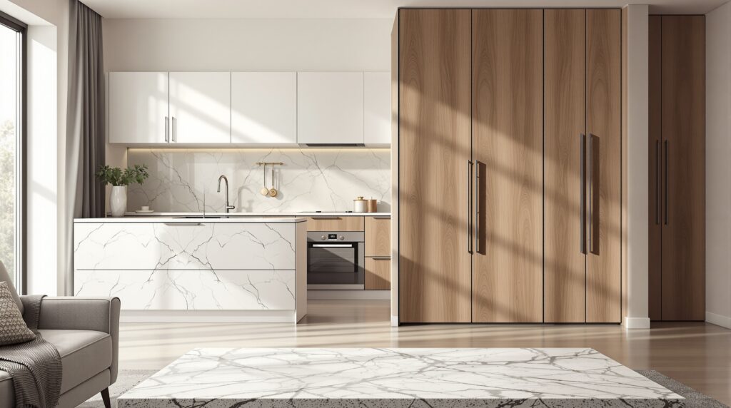 Modern kitchen and living space featuring vinyl wrapped cabinets with marble effect, wood grain worktops, and stone effect furniture transformations